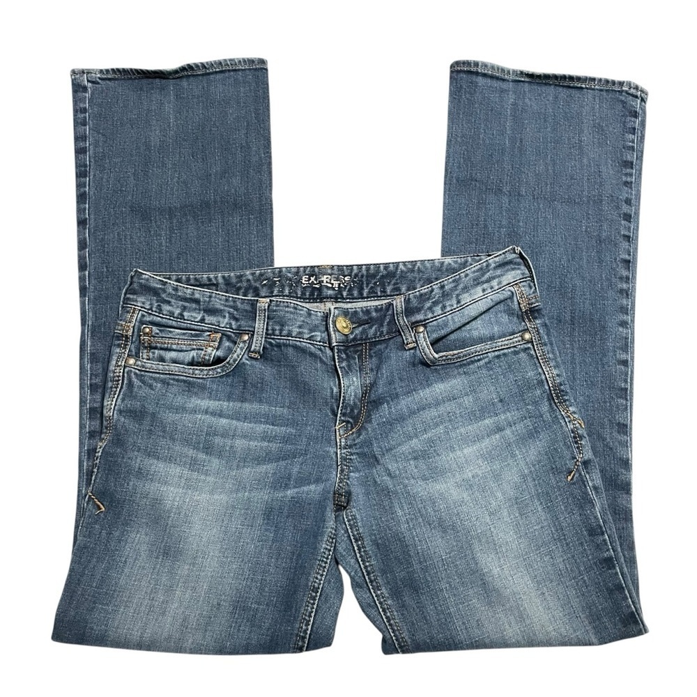 Express Low Rise Bootcut Jeans Size 6R Medium Wash Stretch Denim EX Logo Pockets